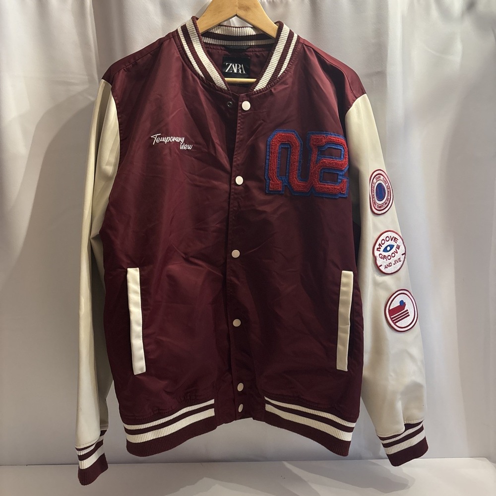 Zara Maroon & White Varsity bomber Jacket size large Patches Embroidered